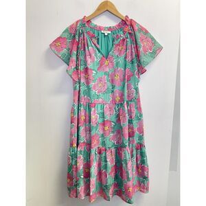 Jade Melody Tam Dress Women's L Green/Pink Floral Tiered Chiffon Bohemian Lined‎